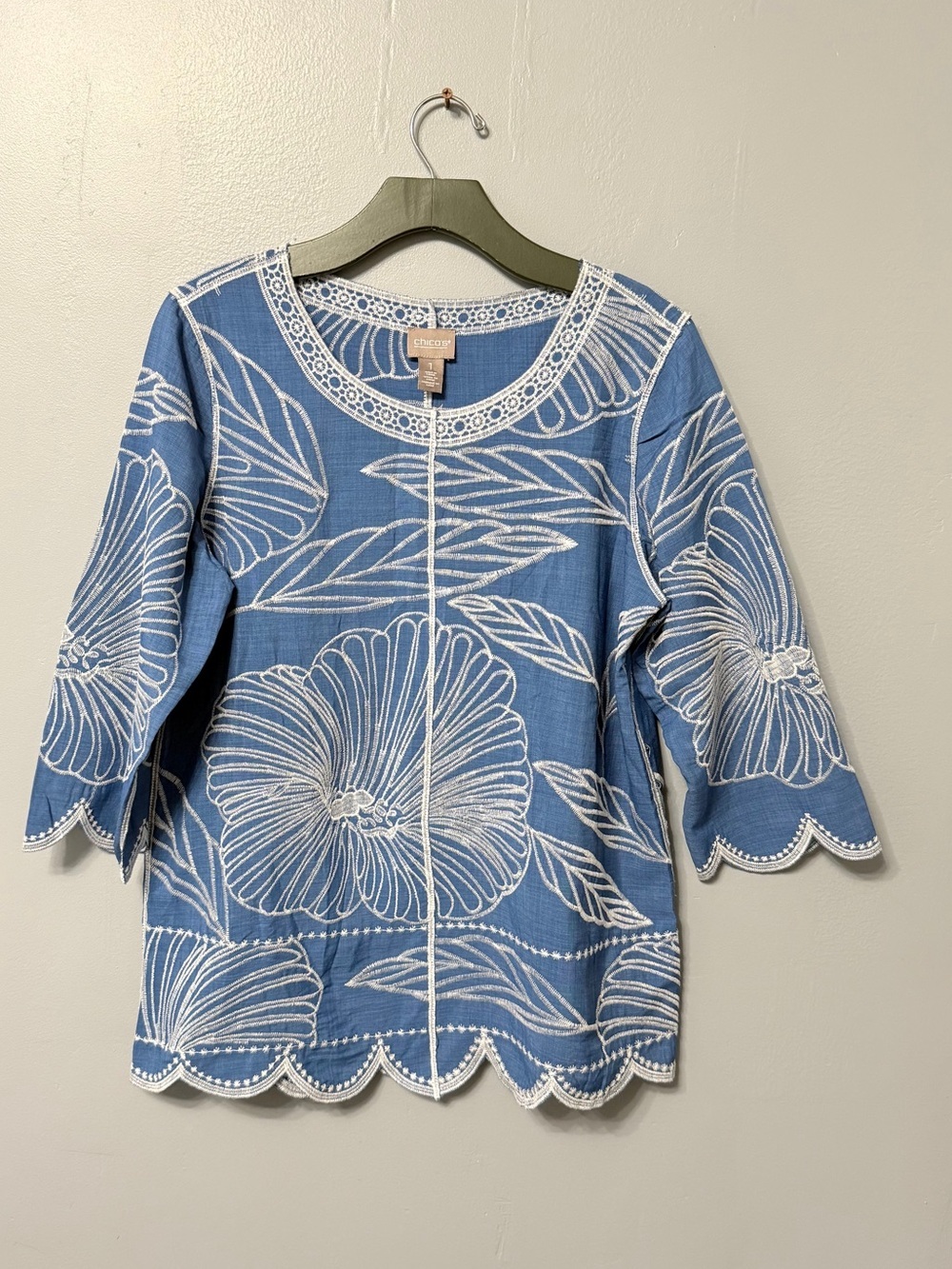 #17)  Chico's Blue Tunic with White Floral Embroidery
